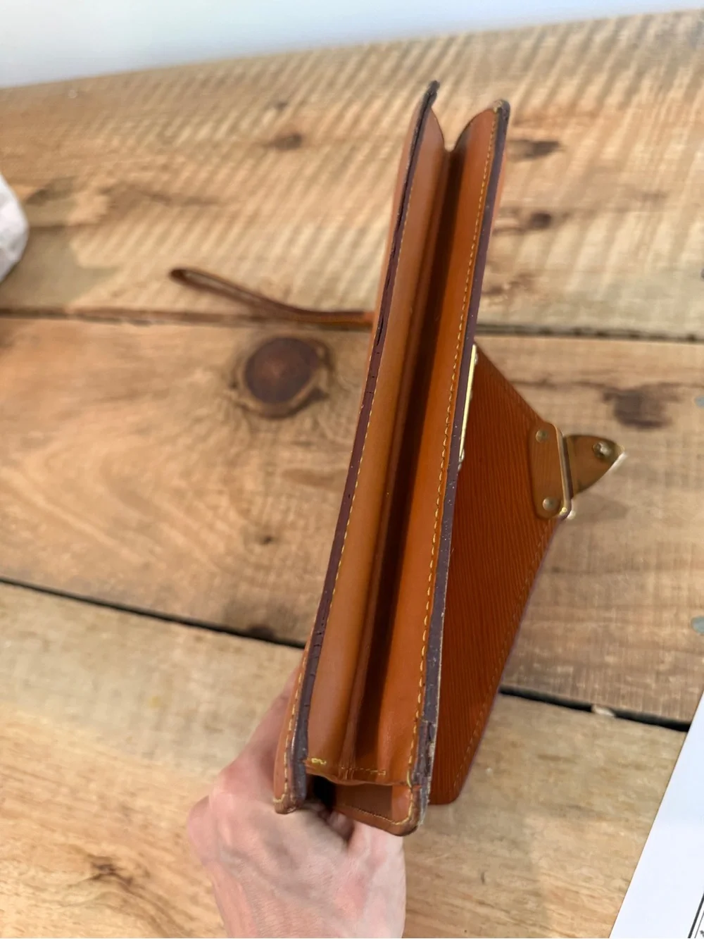 Louis Vuitton Tan Epi Leather Wristlet Clutch with Gold Hardware project piece